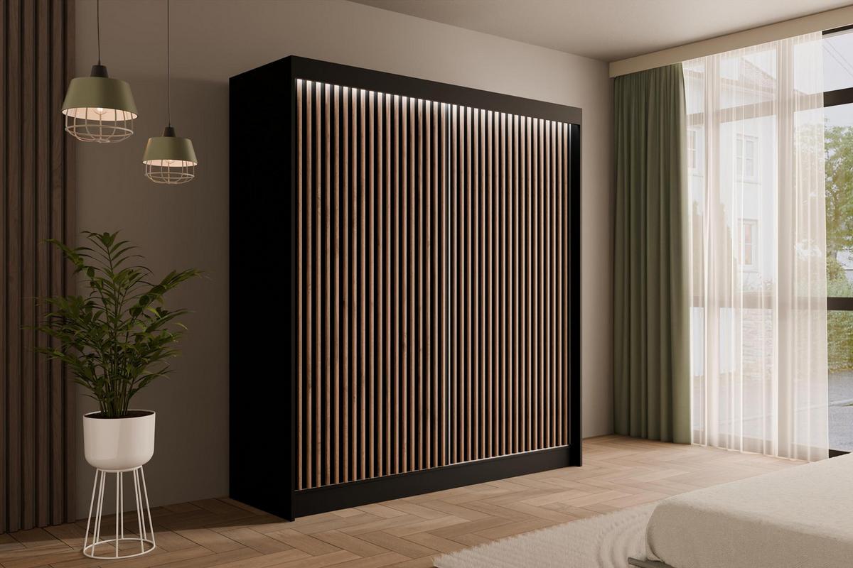 KLEIDERSCHRANK mit LED, Lamel-Schiebetüren VILANv2 - 200 cm Schwarz + Lamelle Eiche Wotan - Eiche Wotan/Schwarz, Holzwerkstoff (200/215/61cm) - ALTDECOR