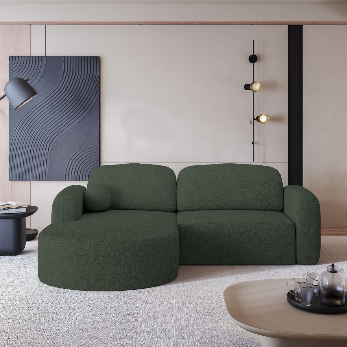 ECKSOFA AMILIA L-S Grün Boucle-Stoff mit Schlaffunktion - Grün, Holz (263/174cm) - MASSENO