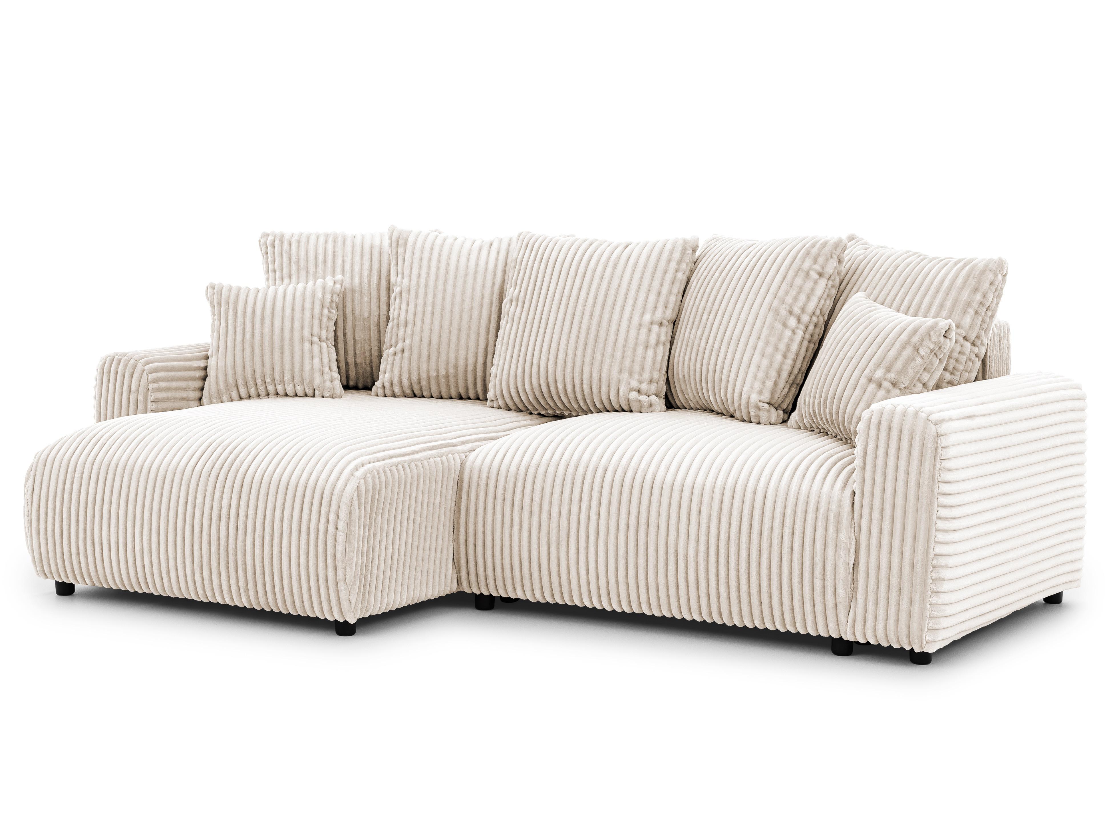 ECKSOFA Calma mit Schlaffunktion und Bettkasten im Bumpy-Design aus weichem Creme Plüschcord - Ottomane links - Creme/Schwarz, Holz/Kunststoff (239/140cm) - S-Style