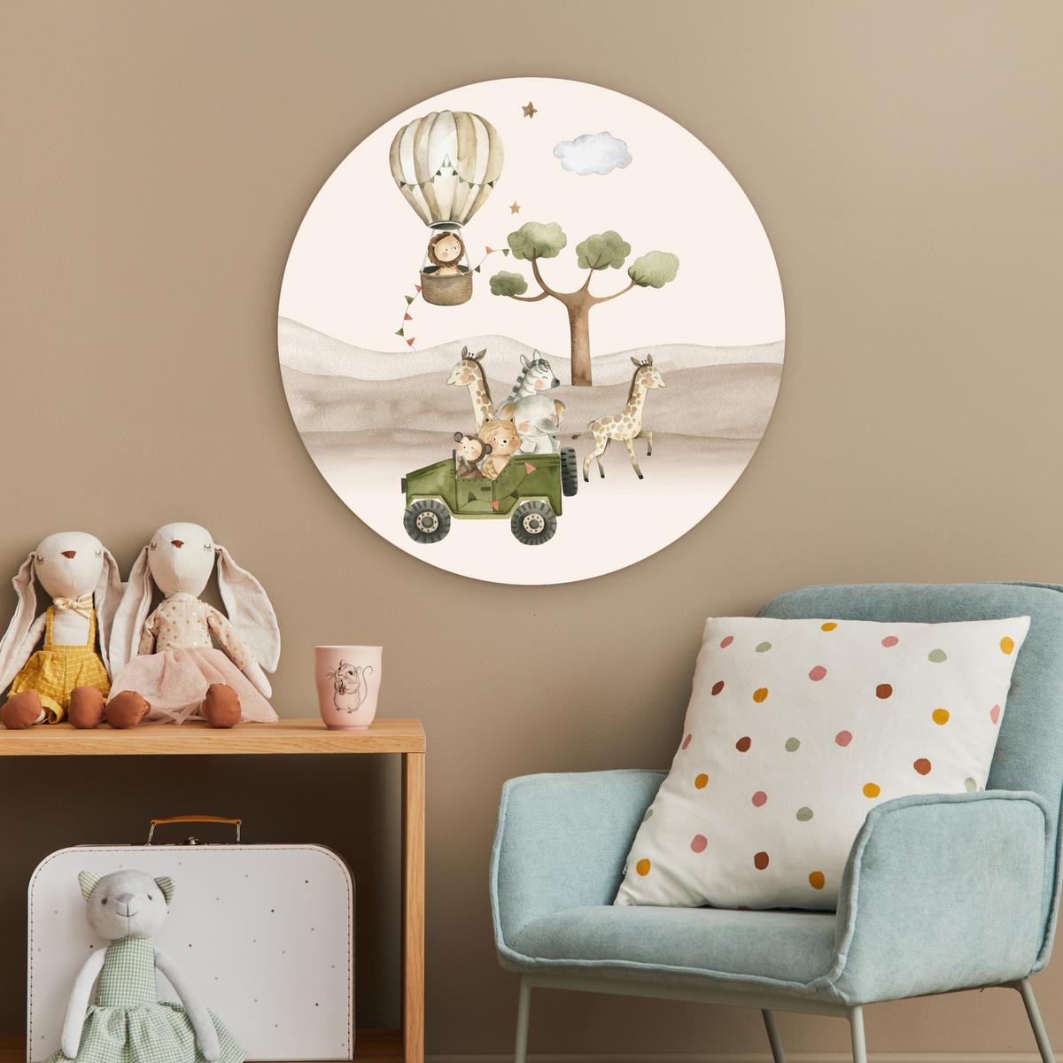 WANDBILD Wilde Tiere - Safari - Aquarell - Heißluftballon Wanddeko Schlafzimmer 60x60 cm - Beige, Kunststoff (60/60cm) - MuchoWow