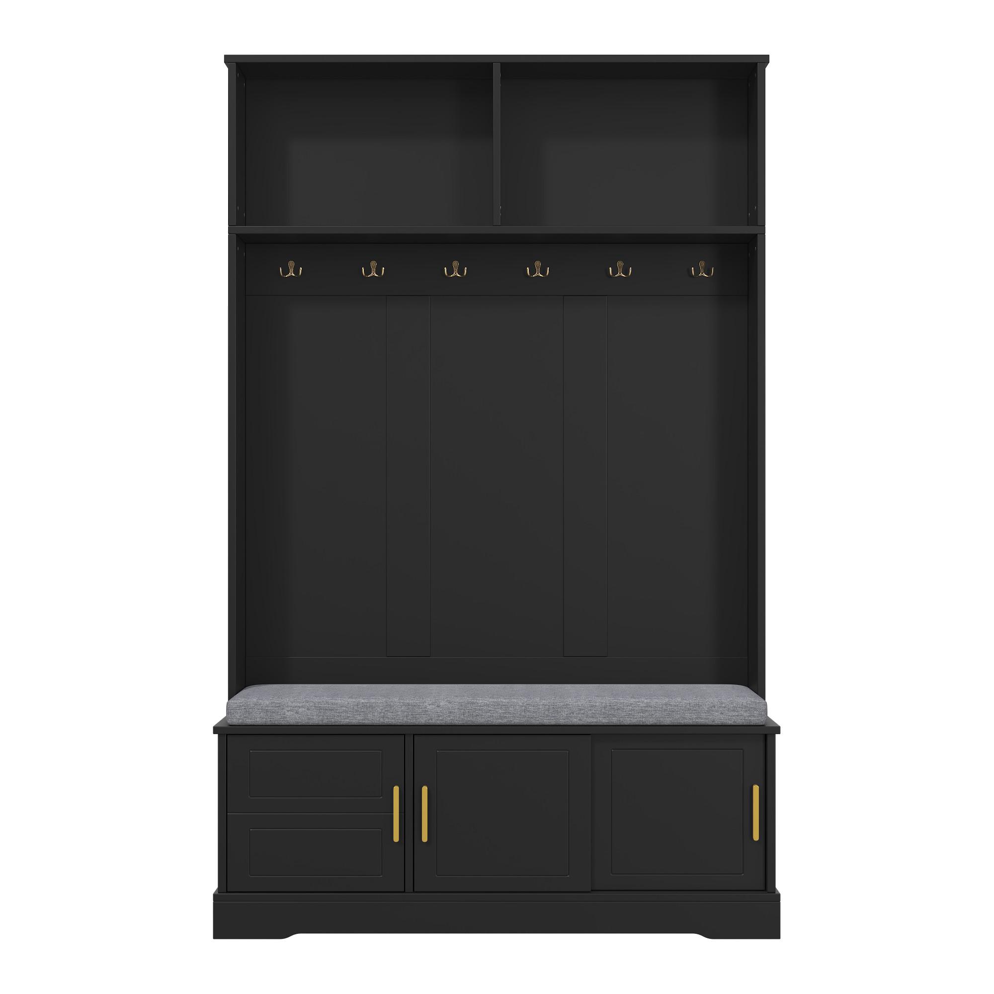 GARDEROBENSET in Schwarz Mit gepolsterter Schuhbank & 6 goldenen Haken - Schwarz, Holzwerkstoff (120/191/40cm) - Urban Meuble