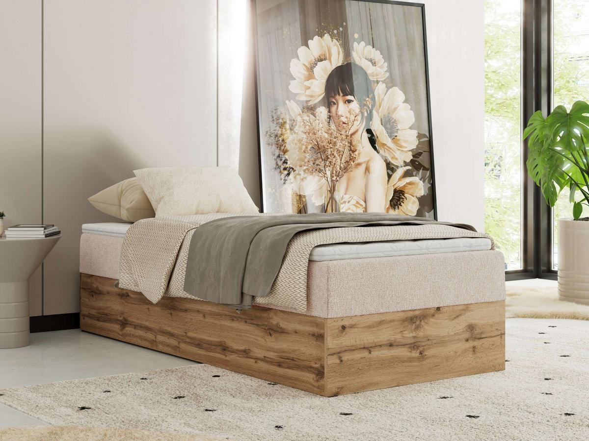 BOXBETT WOOD ZERO 90/200 - Creme Struktur - H3 - Topper Visco - Creme, Textil (90/200cm) - MKS