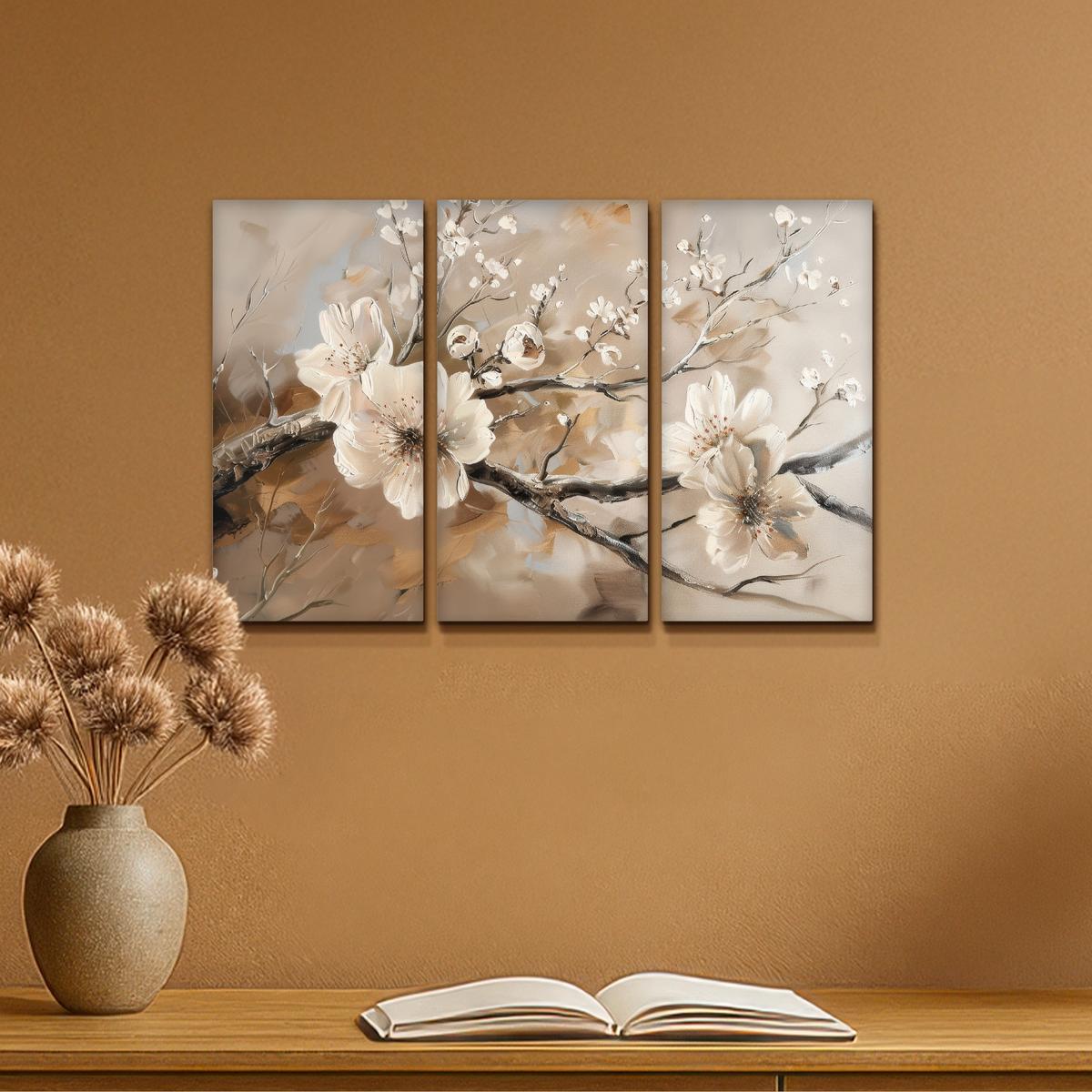 LEINWANDBILD 3er Set Blüte - Beige - Abstrakt - Blumen 60x40 cm - Hellbraun, Textil (60/40cm) - MuchoWow