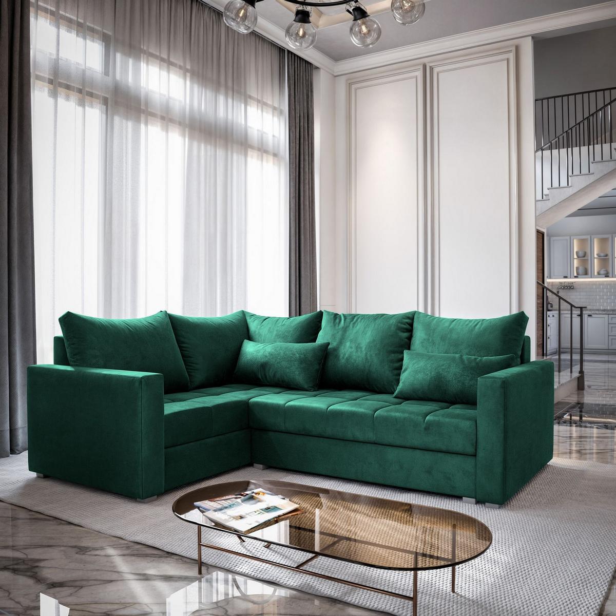 ECKSOFA LIRENO L-S Grün Plüsch-Stoff mit Schlaffunktion - Grau/Grün, Holz/Kunststoff (220/153cm) - MASSENO