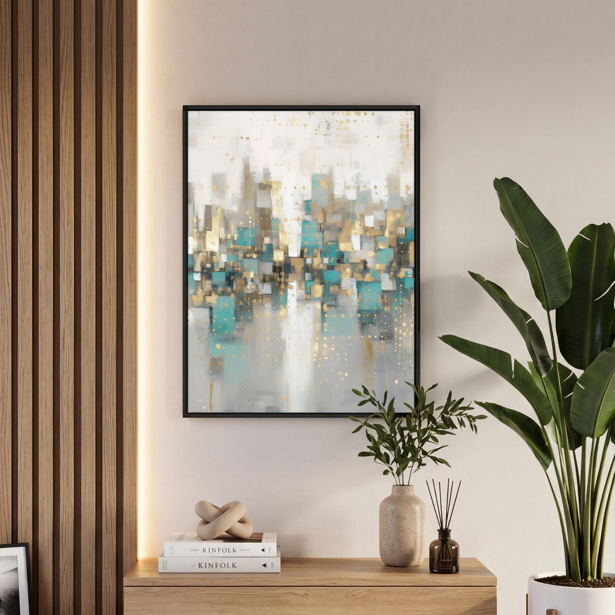 LEINWAND Bilder mit Rahmen - Abstrakt - Blöcke - Gold - Skyline - 50x70 - Beige, Textil (50/70cm) - MuchoWow