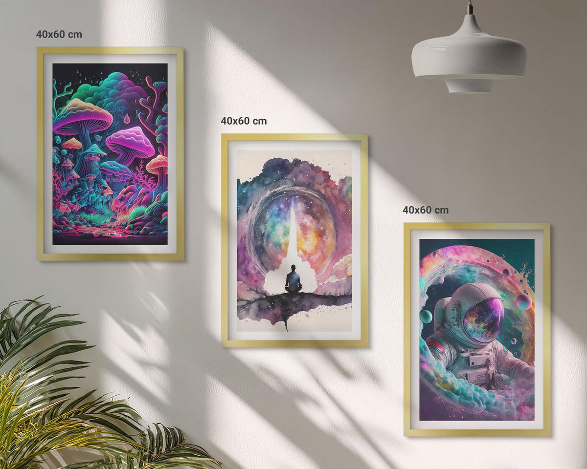 BILDER SET 3er Set - 40x60 cm Goldrahmen - Farbenfrohe Fantasy-Kunstillustrationen - Goldfarben, Kunststoff (40/60cm) - TULUP
