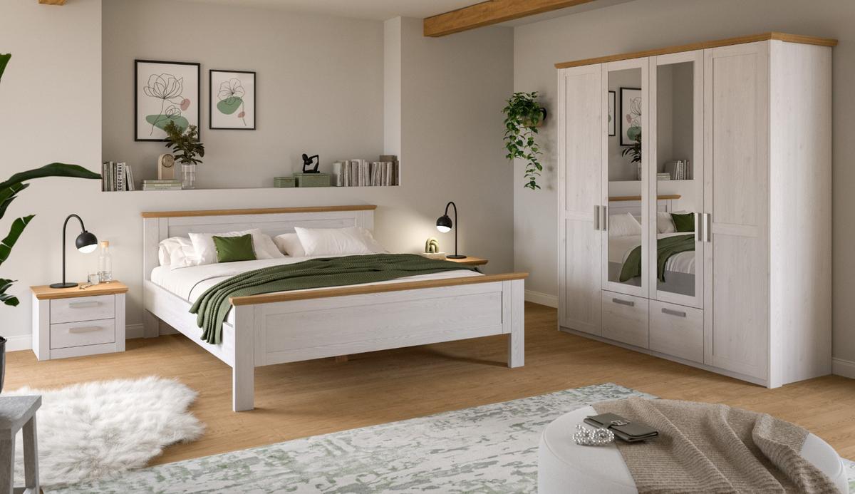 SCHLAFZIMMER weiß Lärche, Eiche Artisan Landhaus Set mit Bett 180 x 200 cm, 2x Nachttisch - Eichefarben/Silberfarben, Holzwerkstoff/Kunststoff (180/200cm) - Inn.Furn