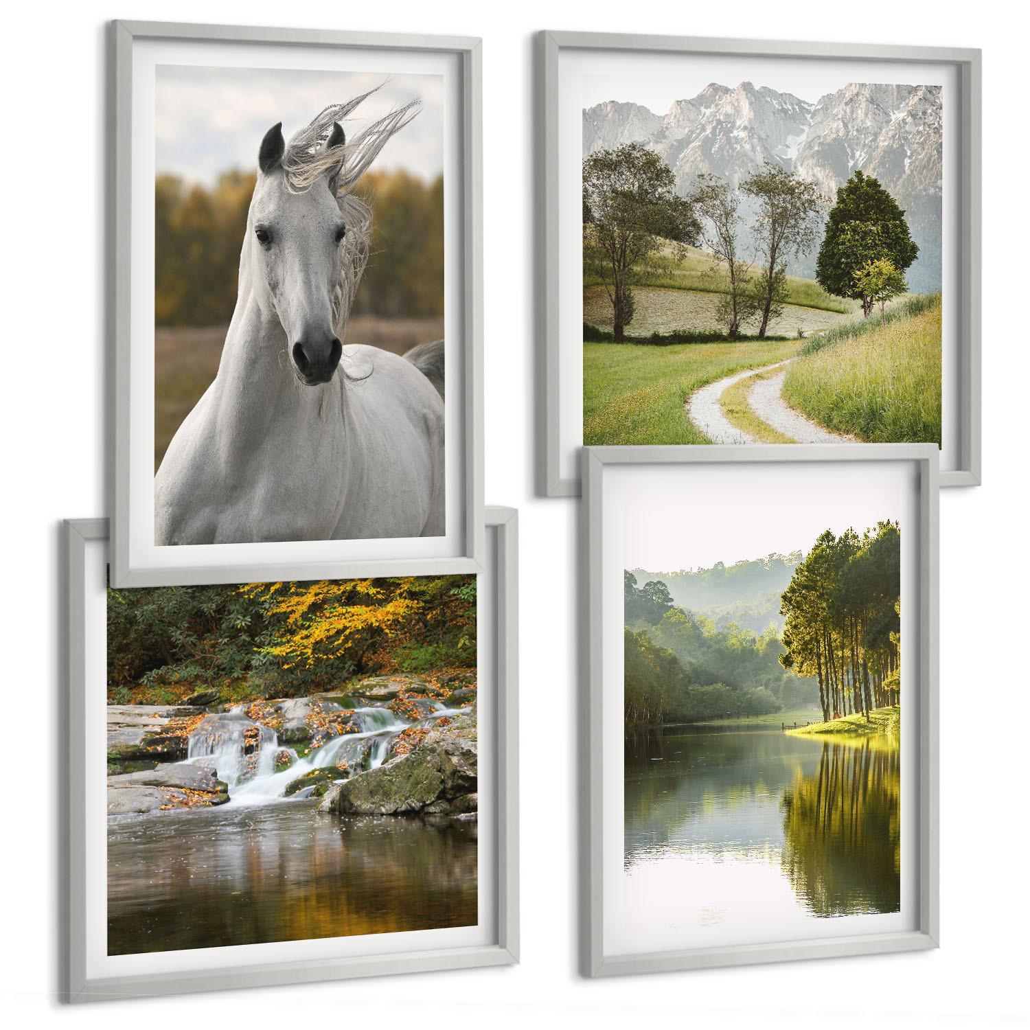 BILDER SET 4er Set - 50x50 cm & 40x60 cm Silberner Rahmen - Natur des Flusses White Horses - Silberfarben, Kunststoff (50/50cm) - TULUP