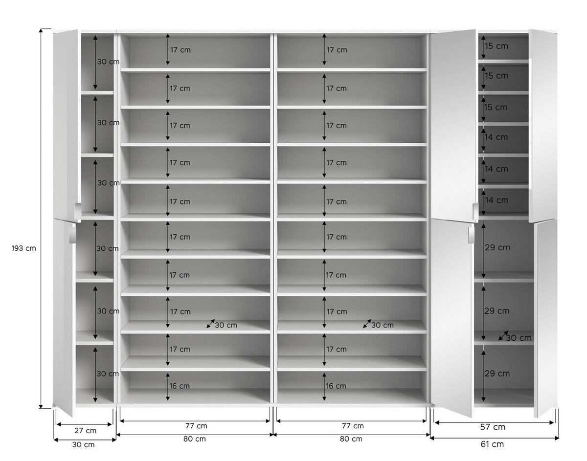 GARDEROBENSCHRANK weiß Hochglanz 281 cm, Schuhschrank XXL mit 35 Fächern - Chromfarben/Weiß Hochglanz, Glas/Holzwerkstoff (251/193/34cm) - Inn.Furn