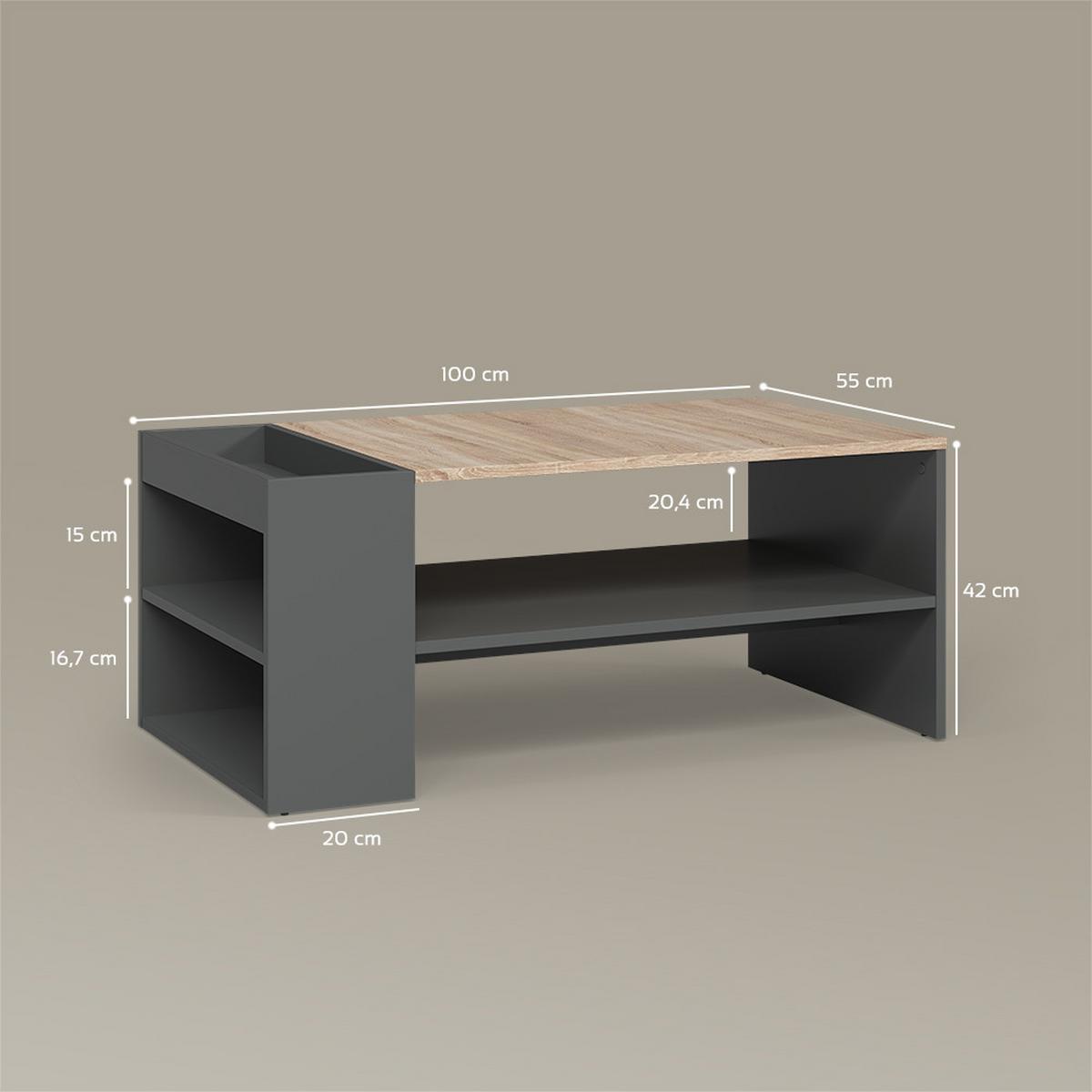 COUCHTISCH Piave Anthrazit/Sonoma mit Regalen - Anthrazit/Sonoma Eiche, Holzwerkstoff (55/100/42cm) - Livinity®