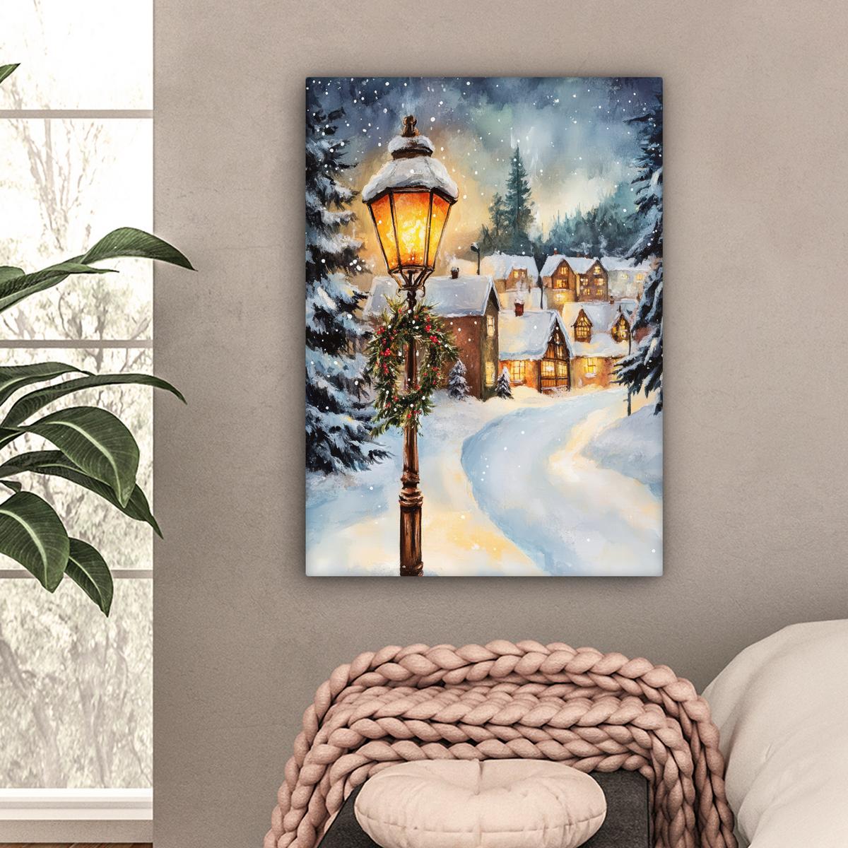LEINWANDBILD Weihnachtsdorf - Häuser - Schnee - Weihnachten Wandbild Wohnzimmer 60x80 cm - Sandfarben, Textil (60/80cm) - MuchoWow