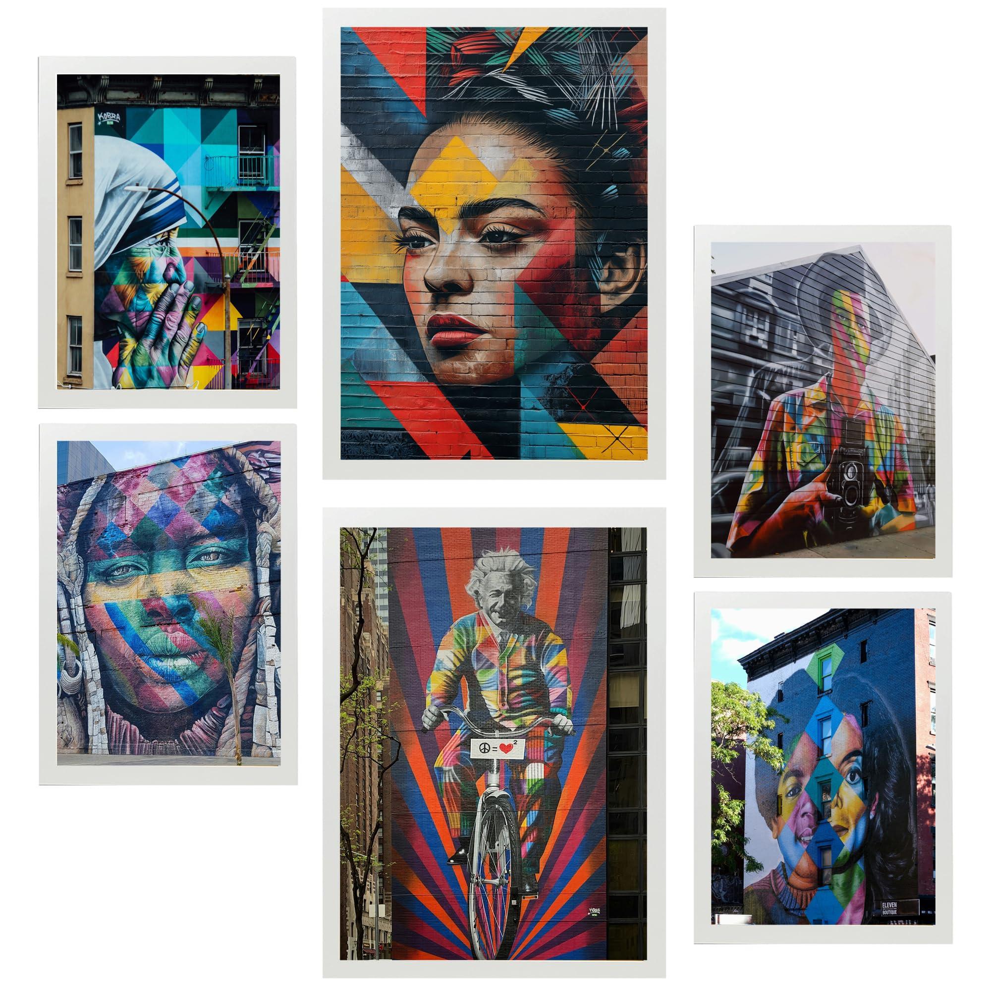 POSTER Set Mit 6 Graffiti Bunte Straßenkunst Frida Einstein Teresa Jackson A3 & A4 Weißer Rahmen - Weiß, Papier (29/3cm) - Nacnic