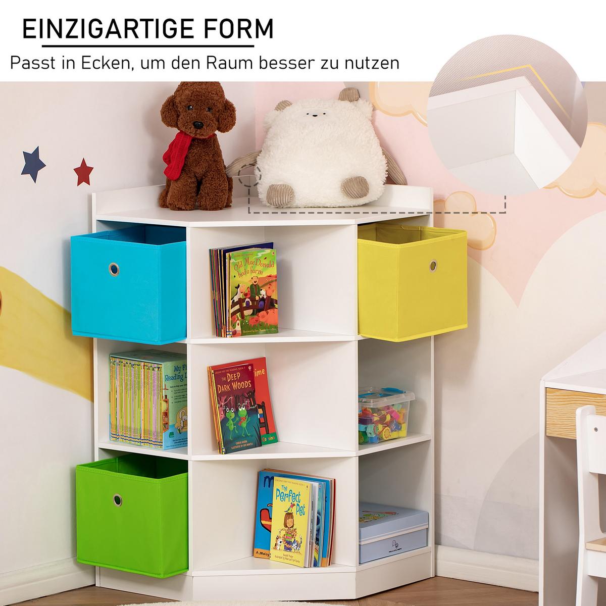 KINDERREGAL Eckregal mit 3 Aufbewahrungsboxen Kinderzimmer Spielzeugablage Weiß - Weiß, Holzwerkstoff (57.4/94/57.4cm) - HOMCOM