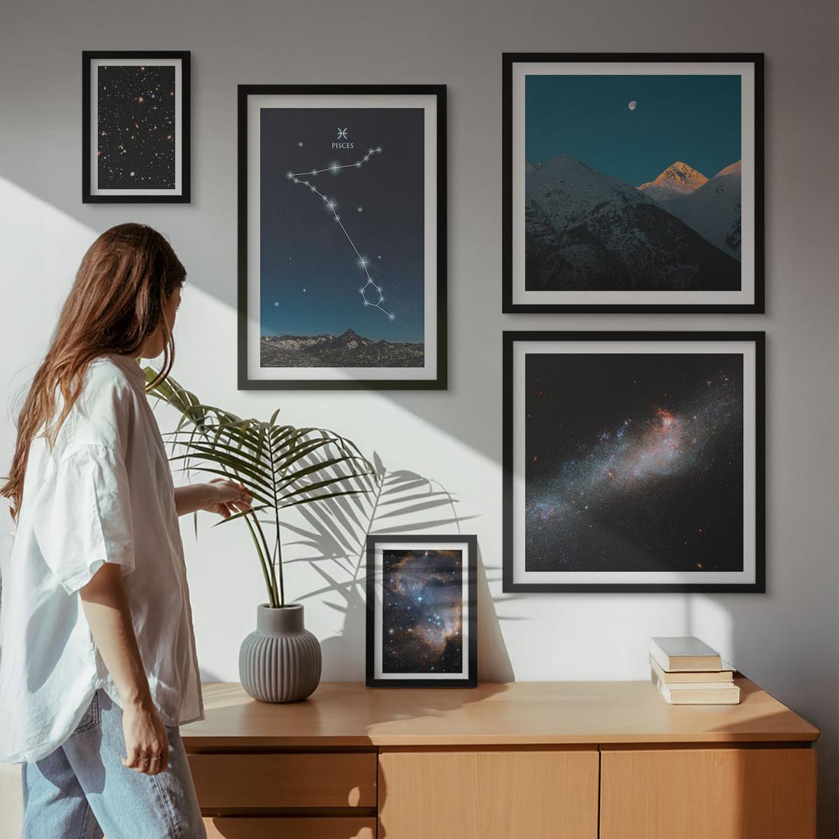 BILDER SET 5er Set - 50x50 cm & 20x30 cm & 40x60 cm Schwarzer Rahmen - Kosmische Landschaften der Fische-Berge - Schwarz, Kunststoff (40/60cm) - TULUP
