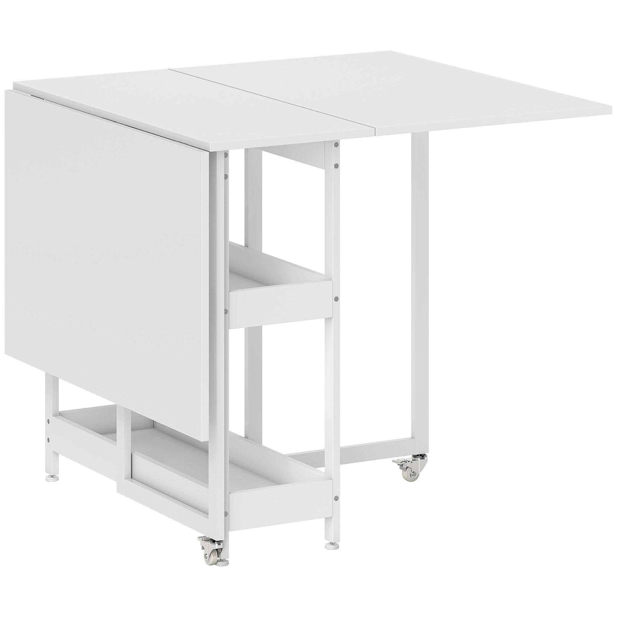 ESSTISCH Klappbar Küchentisch für 2-4 Personen mit 2 Offenen Ablagen, Rollen - Weiß, Holz (133.4/80/75cm) - HOMCOM