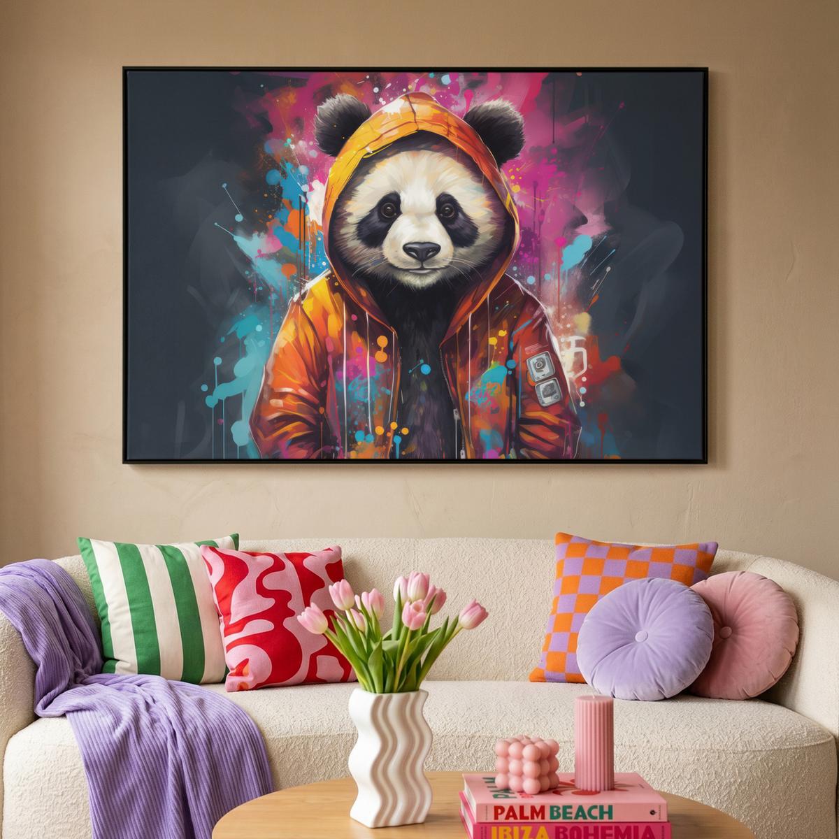 LEINWAND Bilder mit Rahmen - Panda - Jacke - Graffiti - Orange - 140x90 - Orange, Textil (140/90cm) - MuchoWow