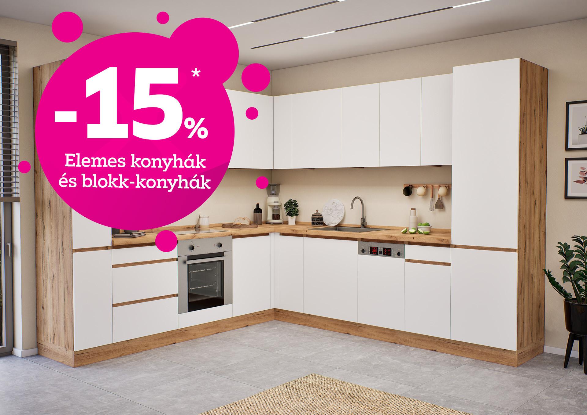 -15% a konyhablokkokra és elemes konyhabútorokra 2025.08.28-09.10. között az áruházakban és a Trendshopban!