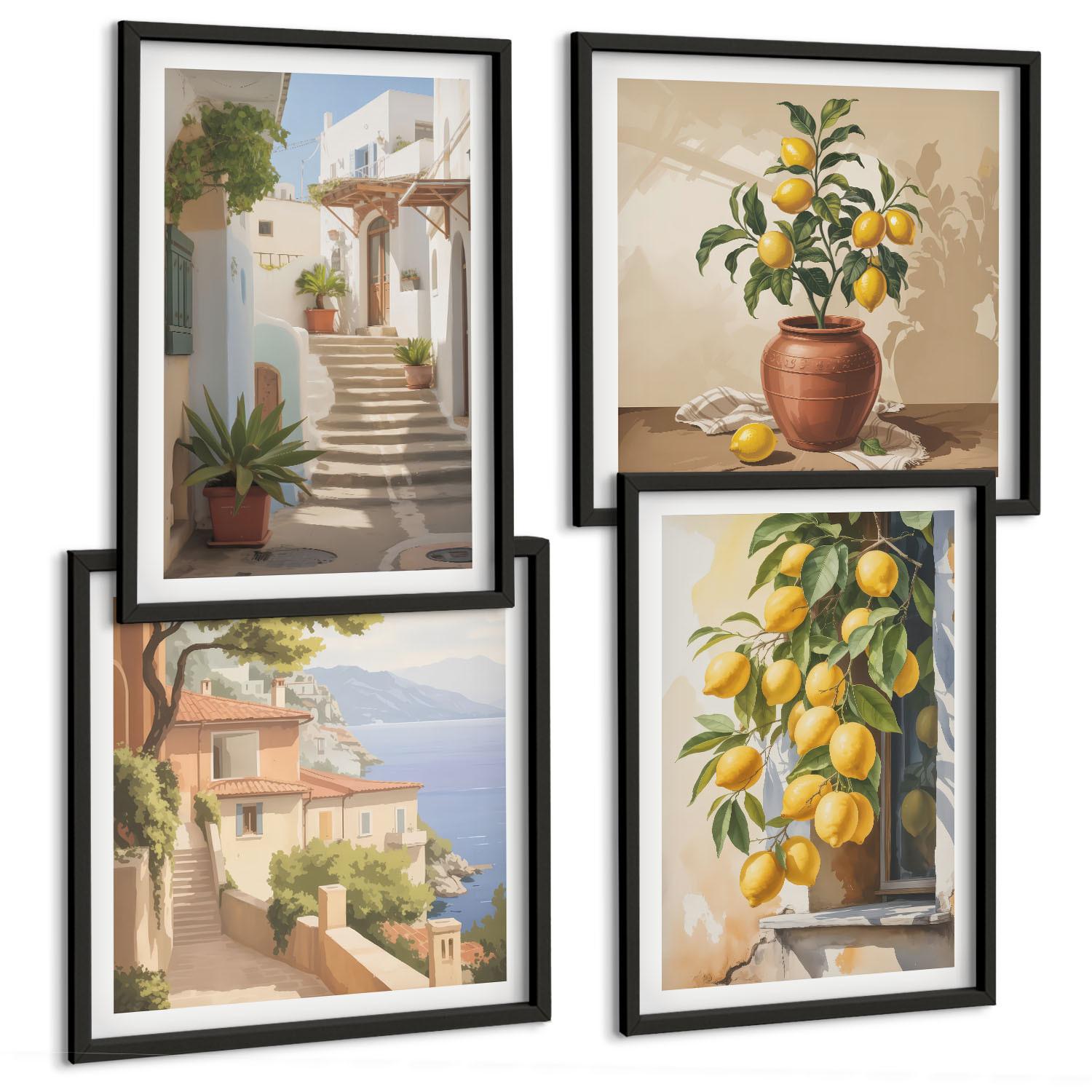 BILDER SET 4er Set - 50x50 cm & 40x60 cm Schwarzer Rahmen - Lemon Streets Meerblick - Schwarz, Kunststoff (50/50cm) - TULUP