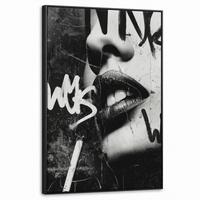 LEINWAND Bilder mit Rahmen - Gesicht - Mund - Graffiti - Schwarz - 60x90 - Schwarz, Textil (60/90cm) - MuchoWow