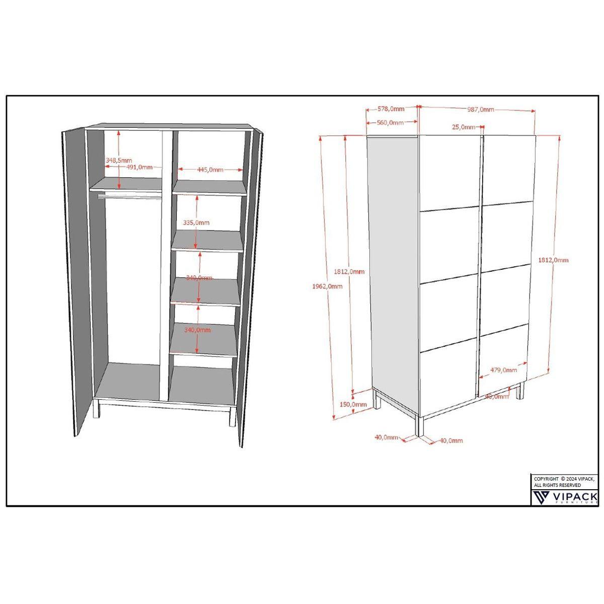 KLEIDERSCHRANK MDF Kiefer weiß 2 Türen Wäscheinteilung robust stabil - Weiß, Holz (99/196/58cm) - 58aufmkessel