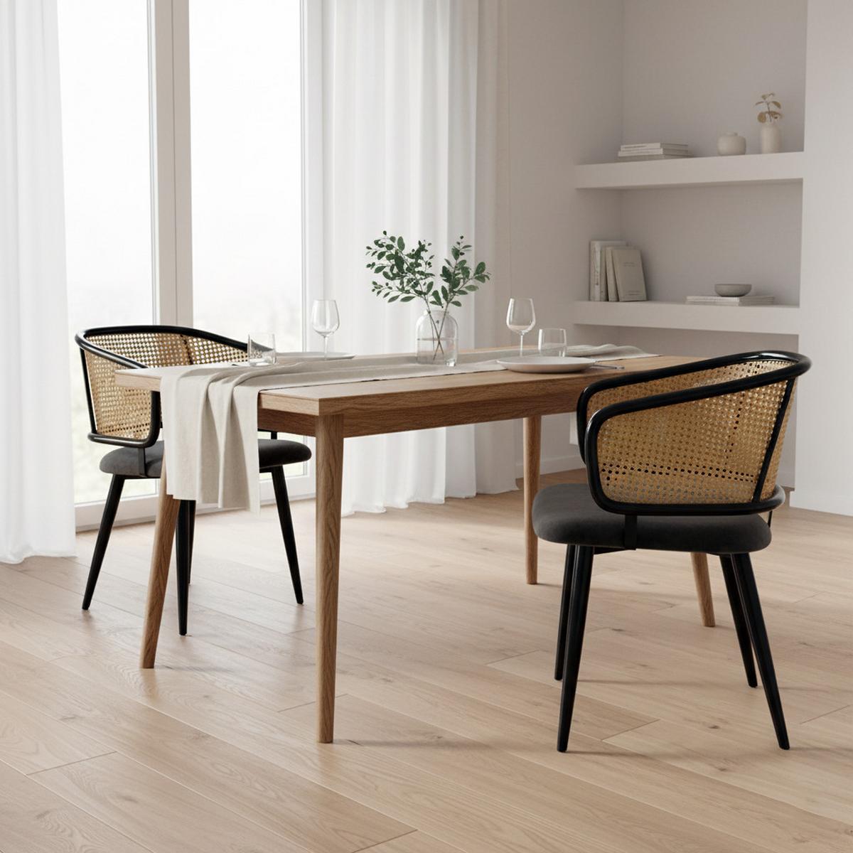 ESSZIMMERSTÜHLE 2er Set Rattan Rückenlehne & Samtsitz - Schwarz/Grau, Leder/Textil (47/79/47cm) - Urban Meuble