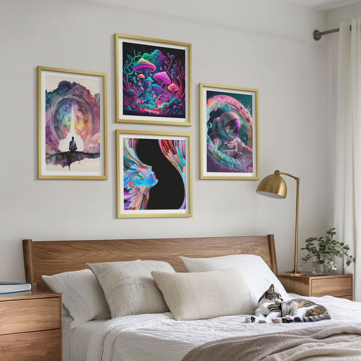 BILDER SET 4er Set - 50x50 cm & 40x60 cm Goldrahmen - Farbenfrohe Fantasy-Kunstillustrationen - Goldfarben, Kunststoff (50/50cm) - TULUP