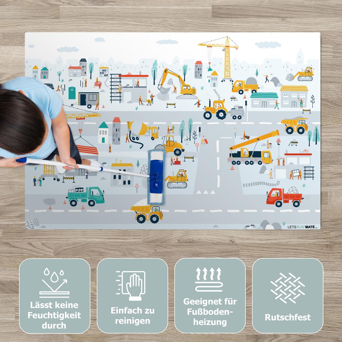 KINDERTEPPICH Baustelle - Traktor - Bagger - Auto - Design Spielmatte 135x90 cm - Hellblau, Kunststoff (135/0.3cm) - OnlyWow