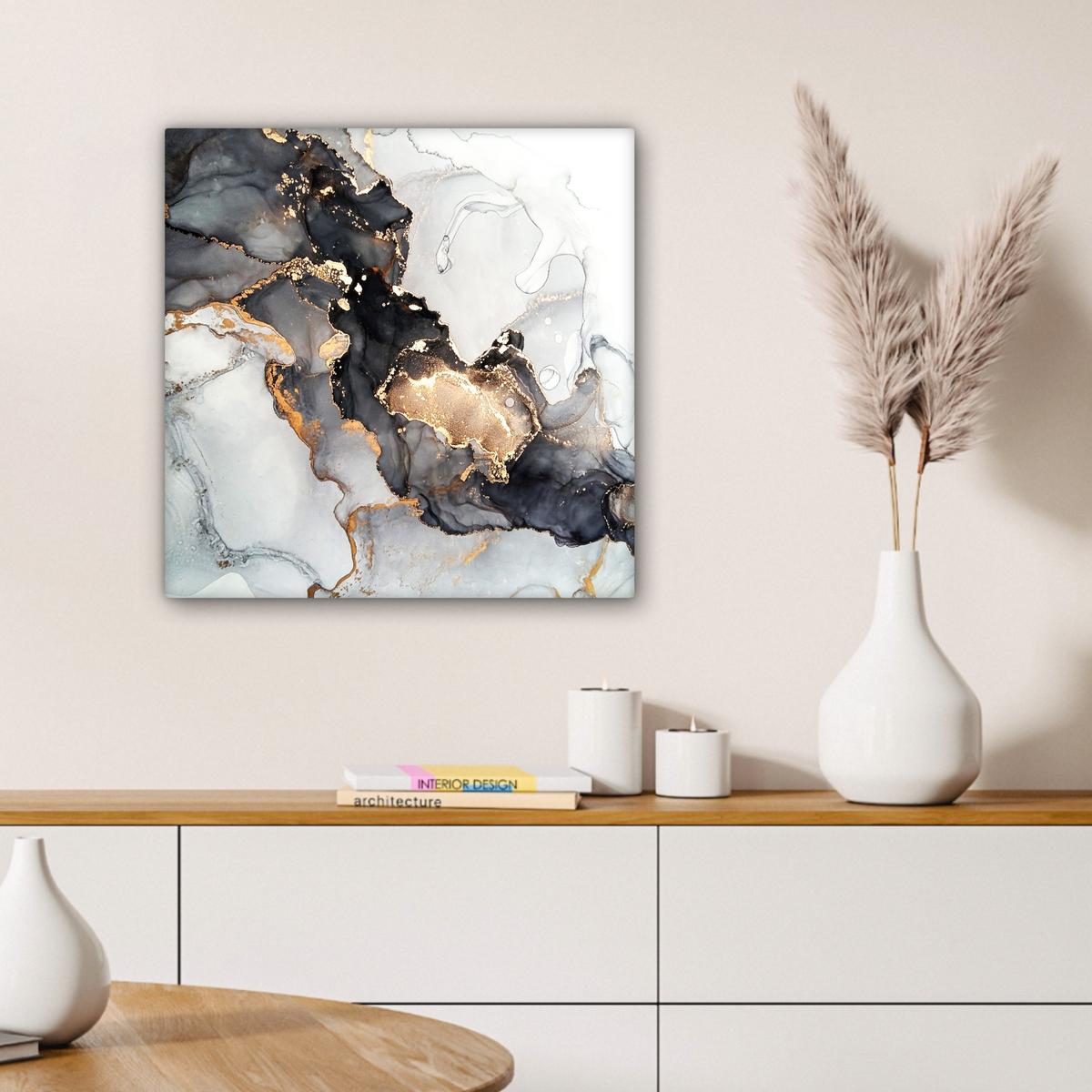 LEINWANDBILD Marmor - Schwarz - Weiß - Gold - Luxus - Abstrakt Wandbild Wohnzimmer 50x50 cm - Goldfarben, Textil (50/50cm) - MuchoWow