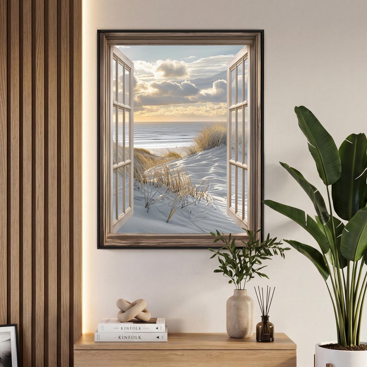 LEINWAND Bilder mit Rahmen - Ausblick - Strand - Dünen - Meer - Natur - 70x100 - Sandfarben, Textil (70/100cm) - MuchoWow