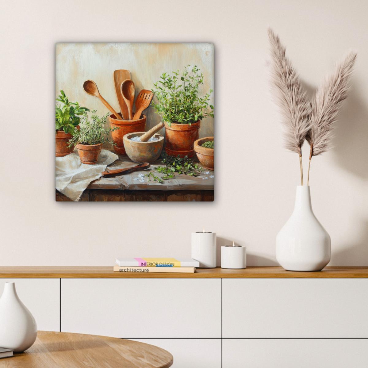 LEINWANDBILD Töpfe - Kräuter - Holz Wandbild Wohnzimmer 50x50 cm - Terracotta, Textil (50/50cm) - MuchoWow