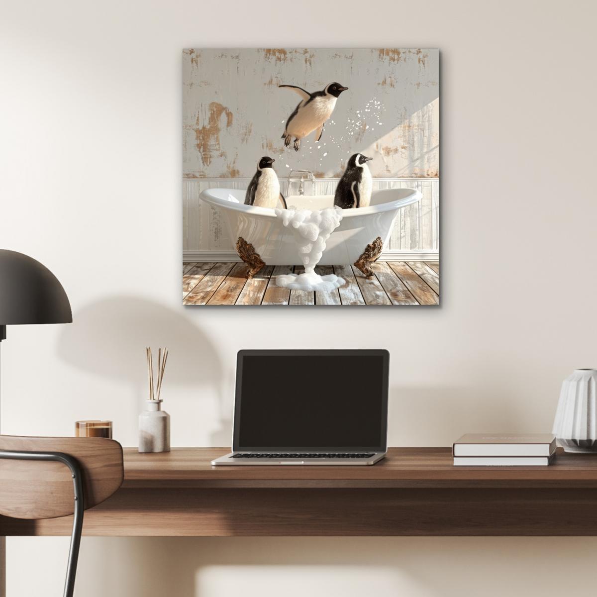 METALLBILD Vintage - Pinguin - Badewanne - Schaumstoff 50x50 cm - Schwarz, Metall (50/50cm) - MuchoWow