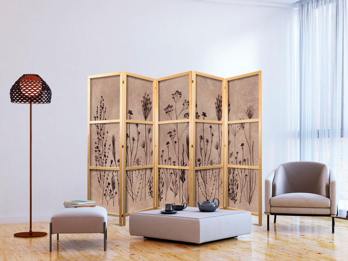PARAVENT Japanischer 5-tlg 225x172 cm Retro Pflanzen - Beige, Holz/Textil (225/172/3cm) - Muralo