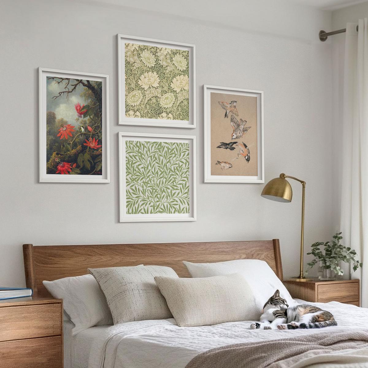BILDER SET 4er Set - 50x50 cm & 40x60 cm Weißer Rahmen - Blumen und Vögel in natürlicher Umgebung - Weiß, Kunststoff (50/50cm) - TULUP
