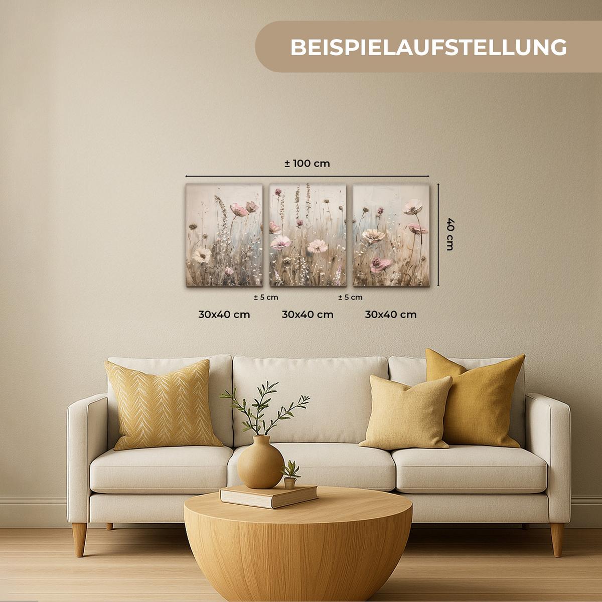 LEINWANDBILD 3er Set Blumen - Beige - Modern - Rosa 90x40 cm - Ecru, Textil (90/40cm) - MuchoWow