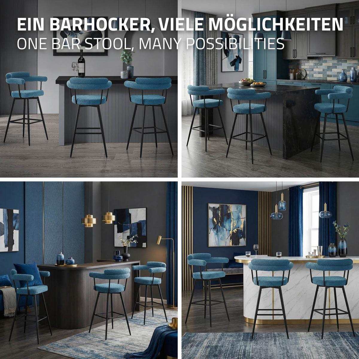 BARHOCKER 2er Set drehbar Blau mit Teddy-Stoff 76 cm hoch - Blau/Schwarz, Textil/Metall (61/103/55cm) - ML-DESIGN