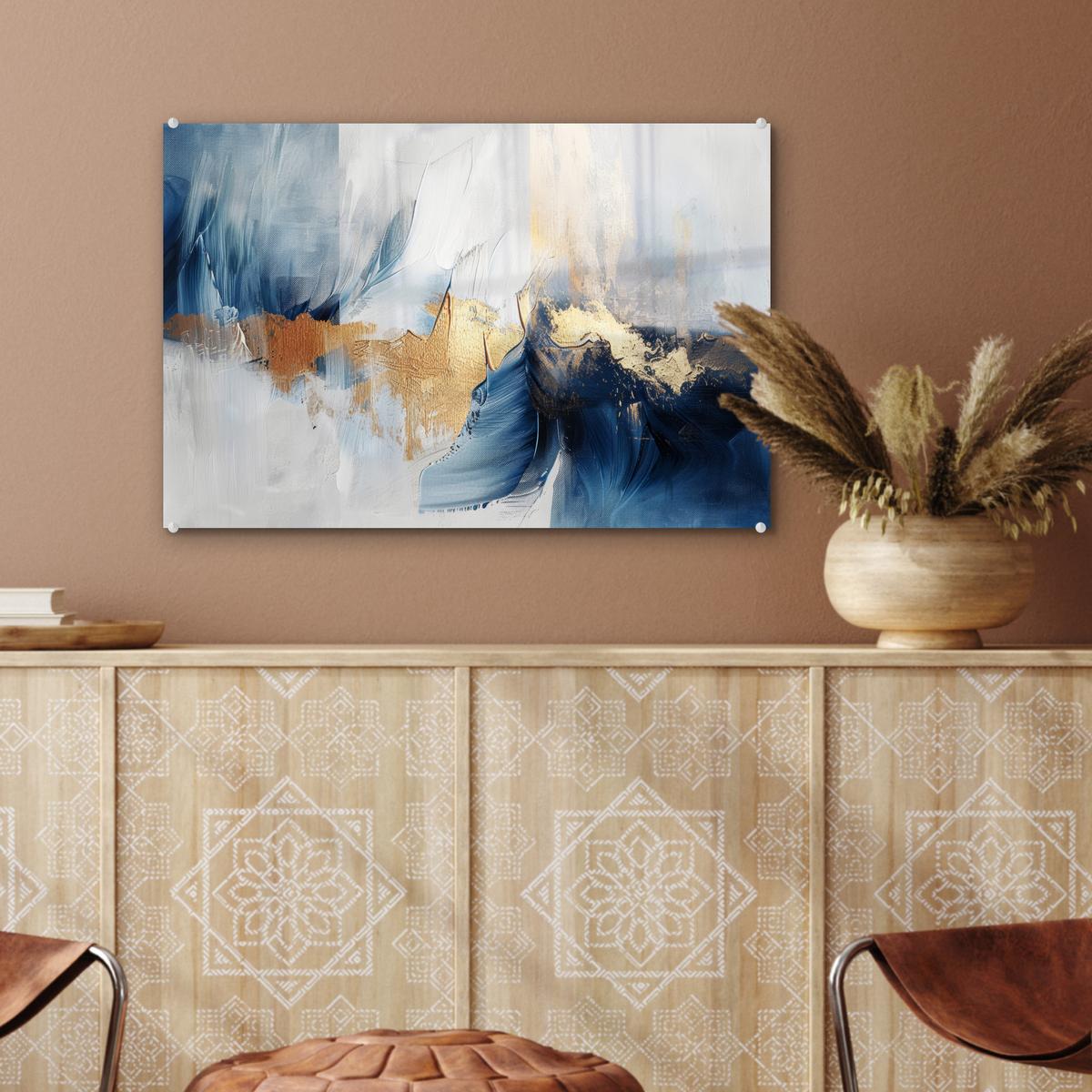 ACRYLGLASBILD Gold - Blau - Aquarell - Kunst - Modern Wanddeko 60x40 cm - Hellblau, Glas (60/40cm) - MuchoWow