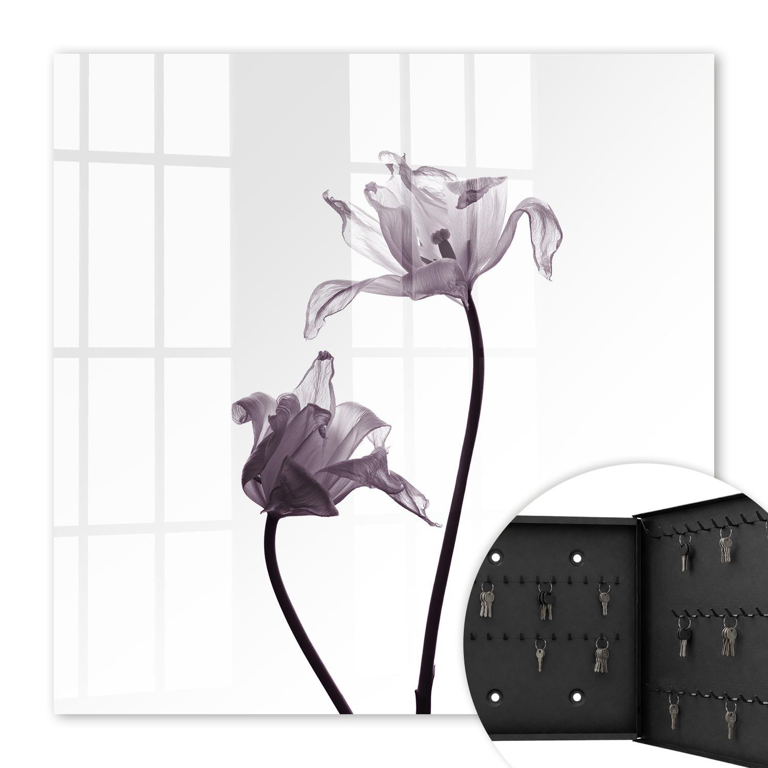 SCHLÜSSELBOX Schwarz 30x30 cm- Türöffnung nach rechts - Minimalistische Blumen - Weiß, Metall (30/30/5cm) - TULUP