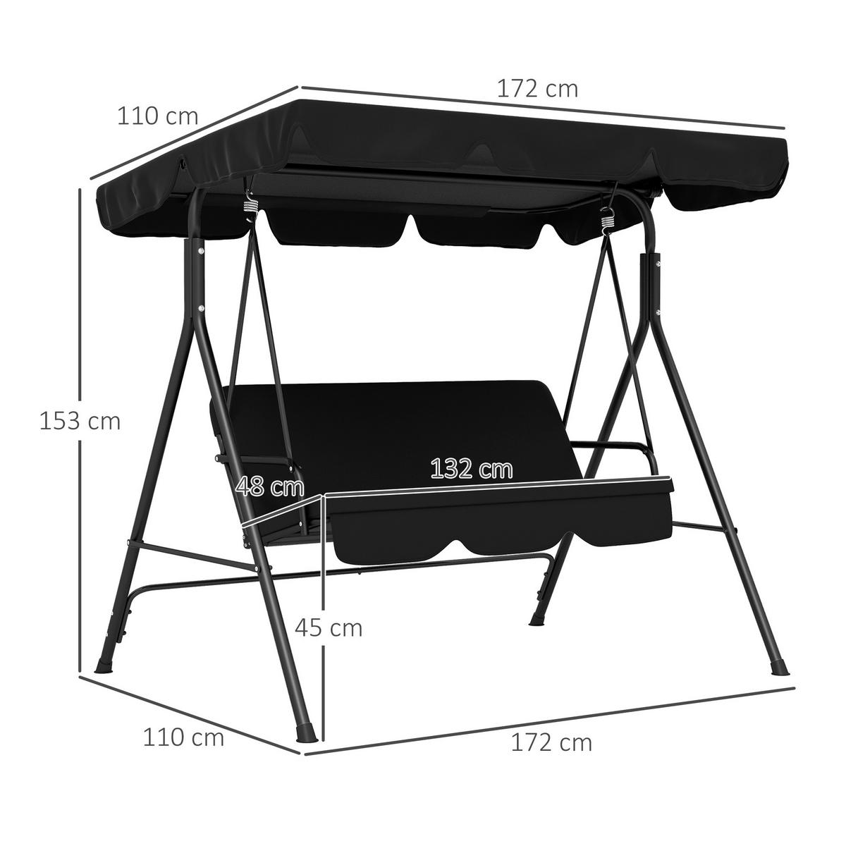 HOLLYWOODSCHAUKEL, 3-Sitzer, Stahl, Schwarz, 172 x 110 x 153 cm - Schwarz, Metall (110/153/172cm) - Outsunny