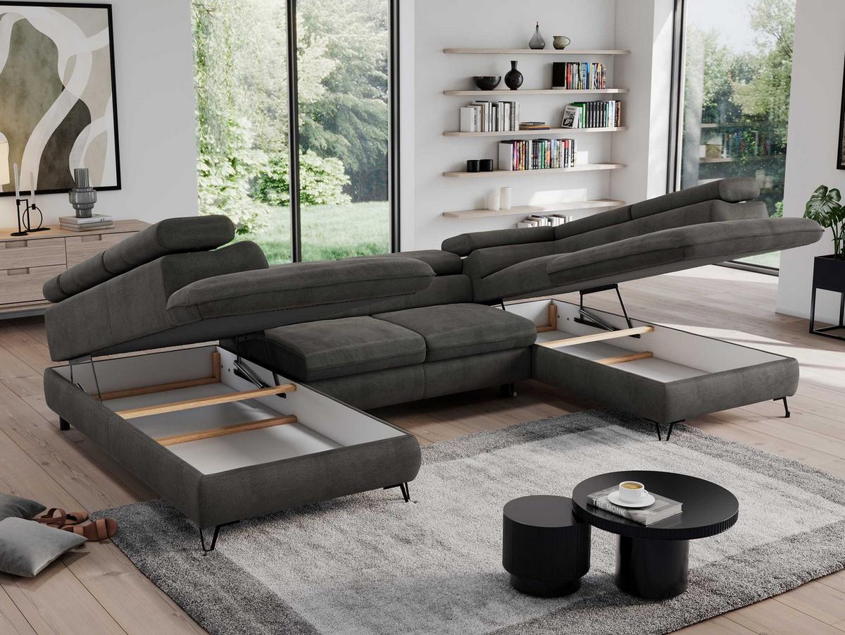 WOHNLANDSCHAFT PEDRO U Velvet Dunkelgrau - Dunkelgrau/Schwarz, Textil/Metall (346/76/208cm) - MKS