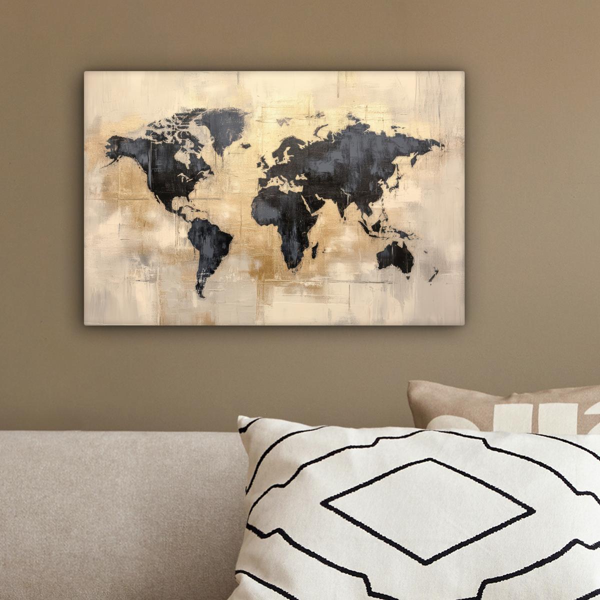 LEINWANDBILD Weltkarte - Gold - Schwarz - Abstrakt Deko Schlafzimmer 30x20 cm - Kupferfarben, Textil (30/20cm) - MuchoWow