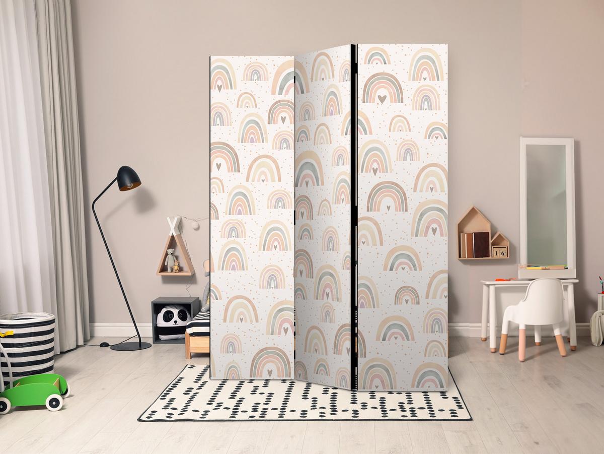 PARAVENT Einseitig Bedruckter 3-tlg 135x172 cm Regenbogen Herzen Boho - Beige, Holz/Textil (135/172/3cm) - Muralo