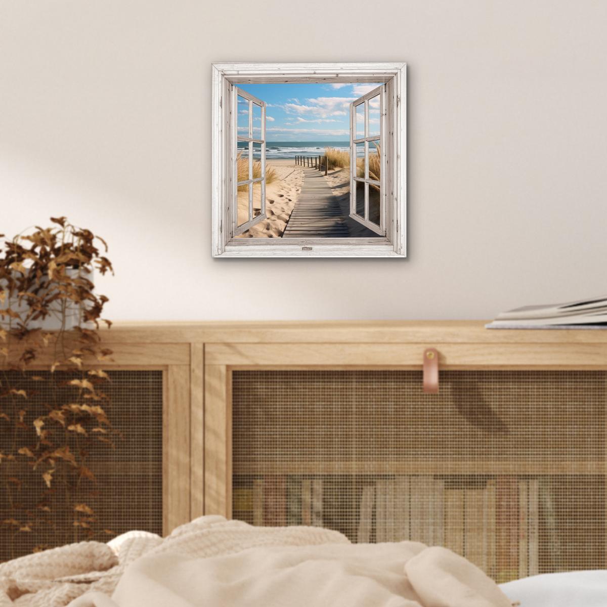 METALLBILD Fenster - Meer - Küste - Natur - Ausblick - Strand - Wattenmeer 20x20 cm - Beige, Metall (20/20cm) - MuchoWow