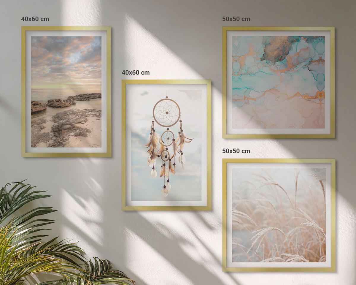 BILDER SET 4er Set - 50x50 cm & 40x60 cm Goldrahmen - Wolkenmeer, Traumfänger, Gras - Goldfarben, Kunststoff (50/50cm) - TULUP