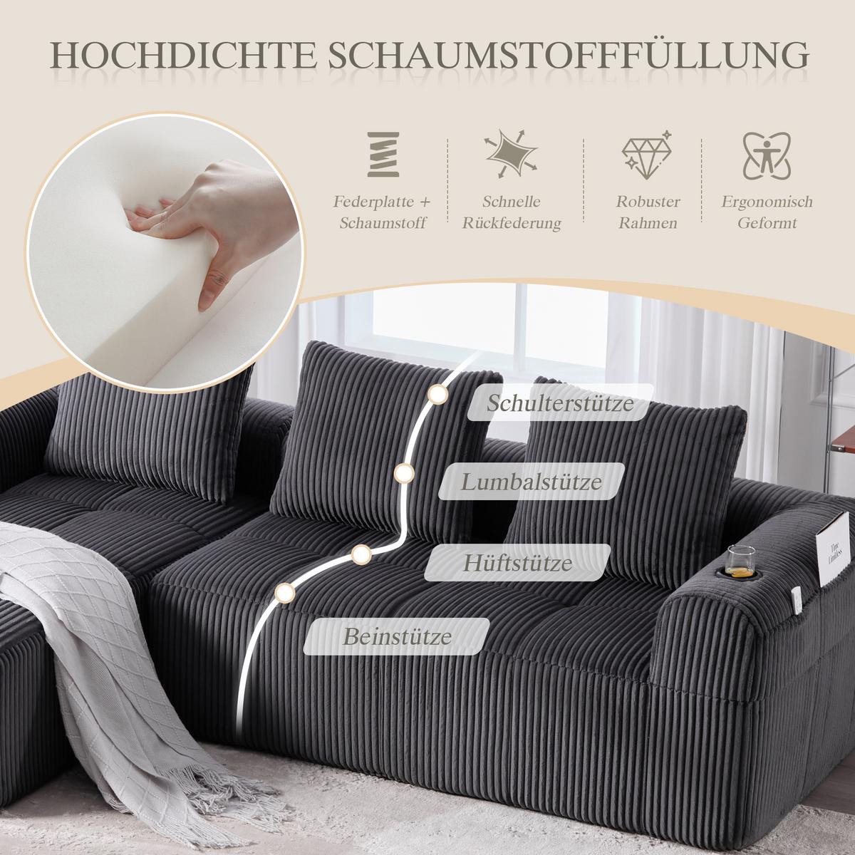 ECKSOFA 3-Sitzer mit Getränkehalter, Seitentaschen & 3 Kissen - Dunkelgrau, Textil (253/158cm) - Urban Meuble