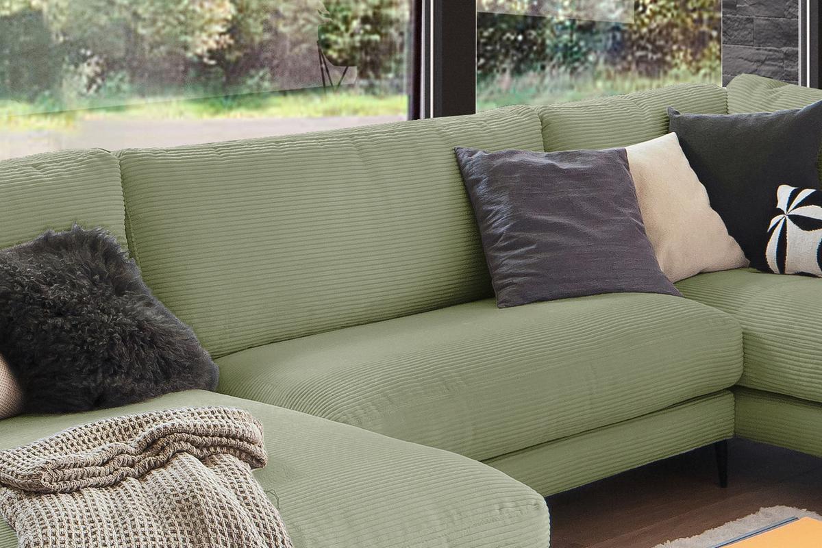 WOHNLANDSCHAFT CARA Grün Cord - Schwarz/Olivgrün, Textil (341/84/223cm) - KAWOLA