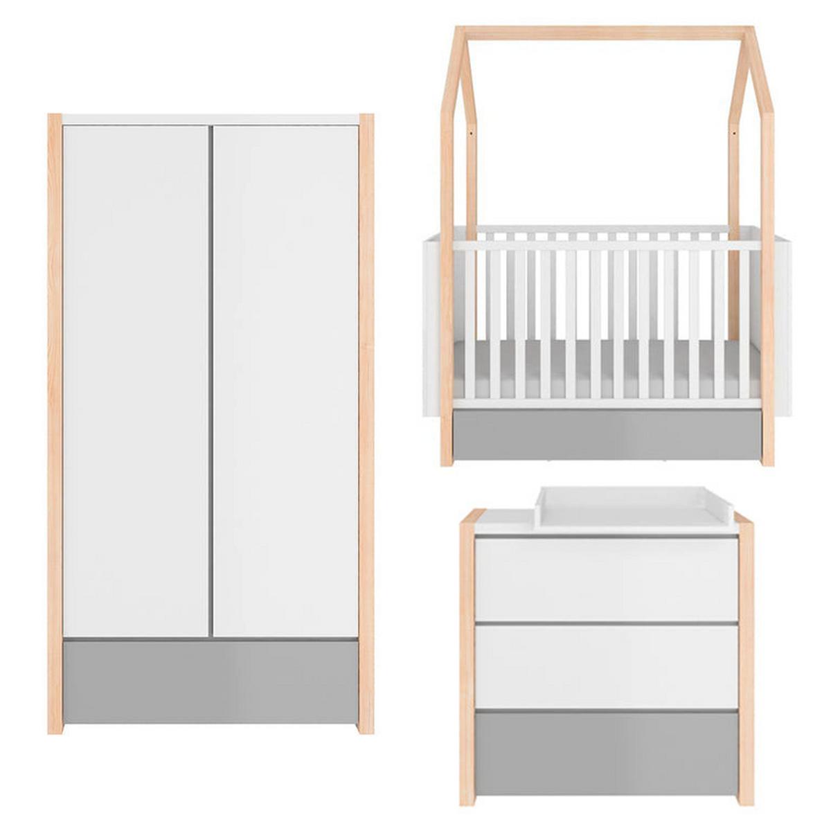 BABYZIMMER 3-teilig Weiß und grau - Weiß, Holzwerkstoff (144/86.5/80cm) - Petits-meubles