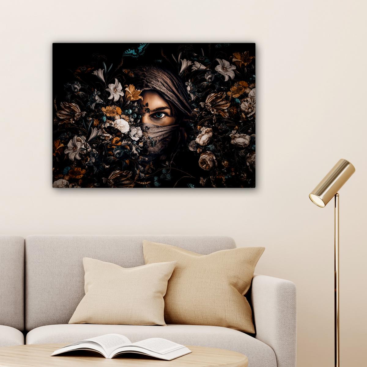 LEINWANDBILD Frau - Luxus - Blumen - Schmetterling - Porträt Wandbilder 80x60 cm - Schwarz, Textil (80/60cm) - MuchoWow