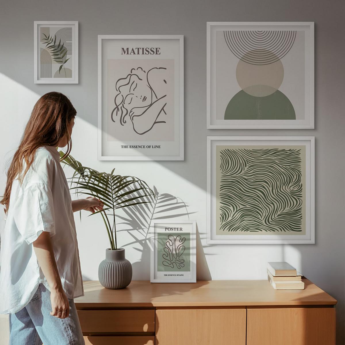 BILDER SET 5er Set - 50x50 cm & 20x30 cm & 40x60 cm Weißer Rahmen - Geometrische botanische Muster - Weiß, Kunststoff (40/60cm) - TULUP