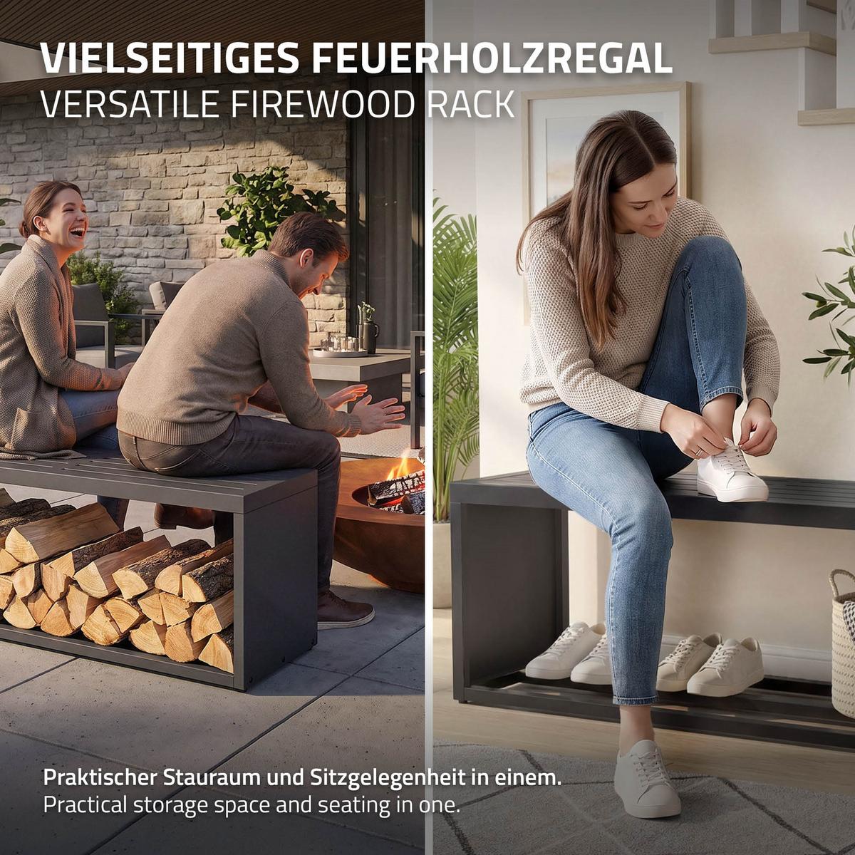 KAMINHOLZREGAL Innen/Aussen mit Sitzbank Metall Brennholzregal Anthrazit 120x38x43 cm Stahl Verzinkt Schlicht - Anthrazit, Metall (120/43/38cm) - ML-DESIGN