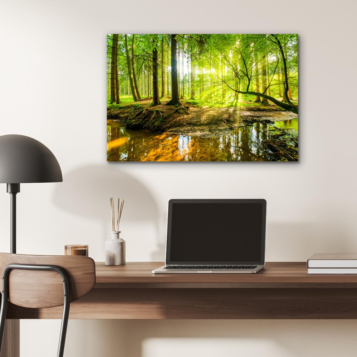 METALLBILD Wald - Landschaft - Wasser - Bäume - Sonne - Grün - Natur Wandbild 60x40 cm - Grün, Metall (60/40cm) - MuchoWow